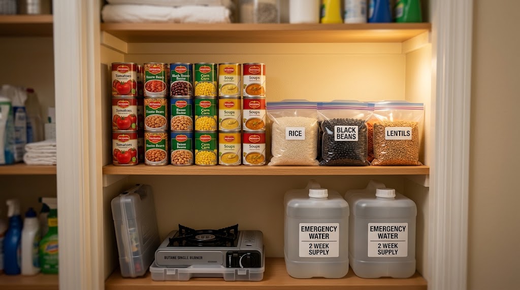 Compact 2-week emergency pantry setup in an apartment closet