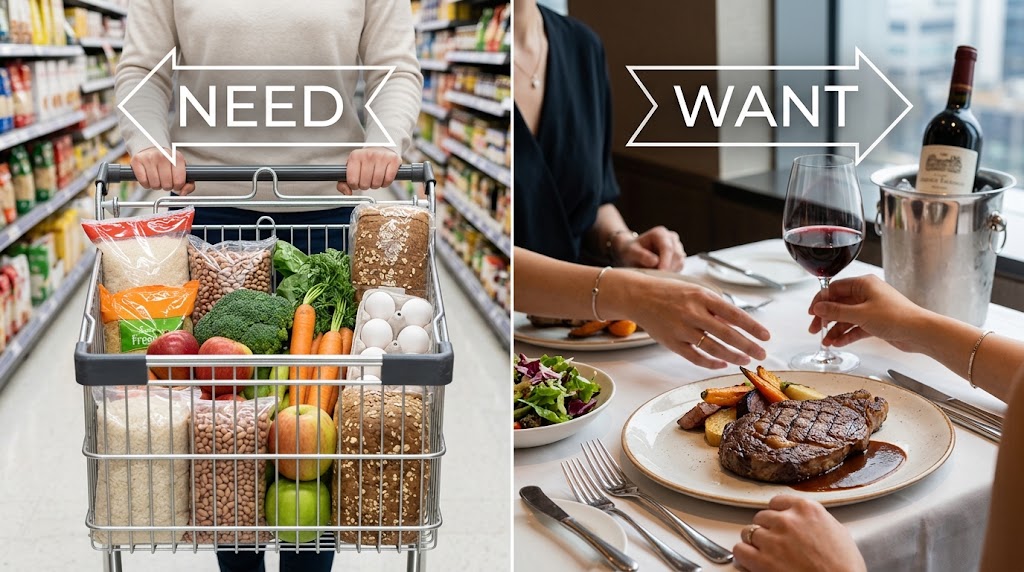 Visual comparison of needs vs wants in food spending