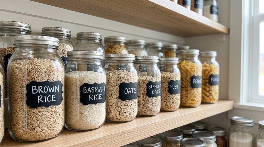 Organized glass jars of cheap grains and pasta in a budget pantry
