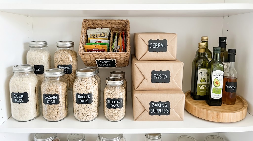 Budget pantry storage ideas with repurposed jars, baskets and labels