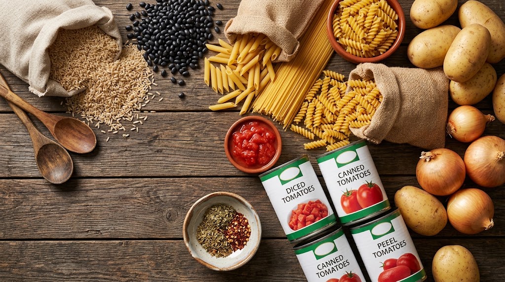 Cheap pantry staples under $1 arranged on a wooden table
