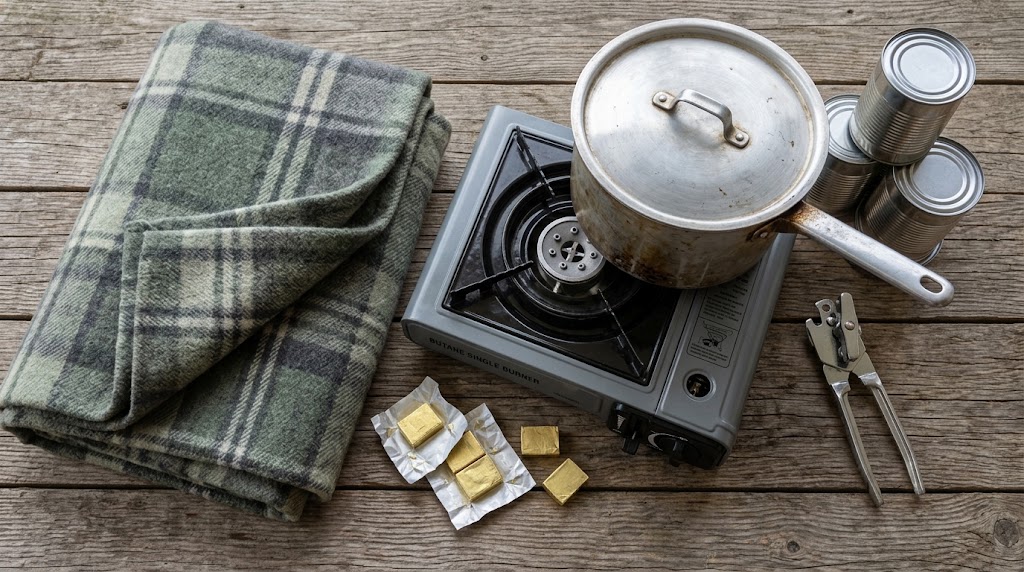Budget emergency cooking gear including butane stove and thermal blanket