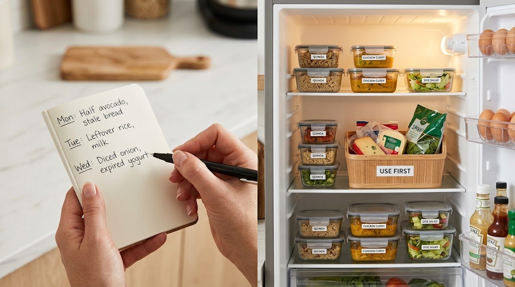 Food waste audit notebook next to an organized refrigerator with labeled leftovers