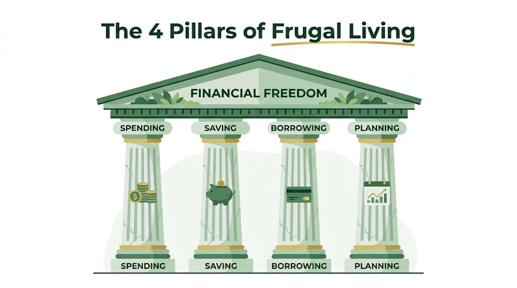 The four pillars of frugal living infographic: spending, saving, borrowing, planning