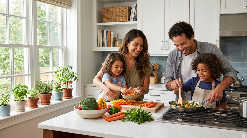Family cooking at home to save money with frugal living