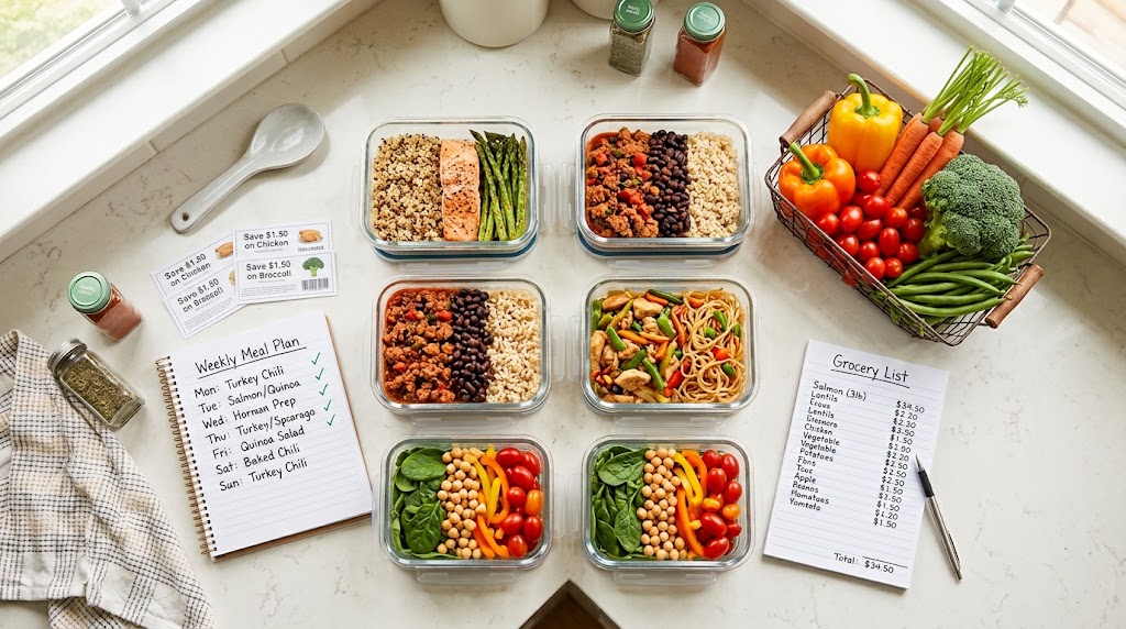 Weekly meal prep and grocery list to reduce household food costs
