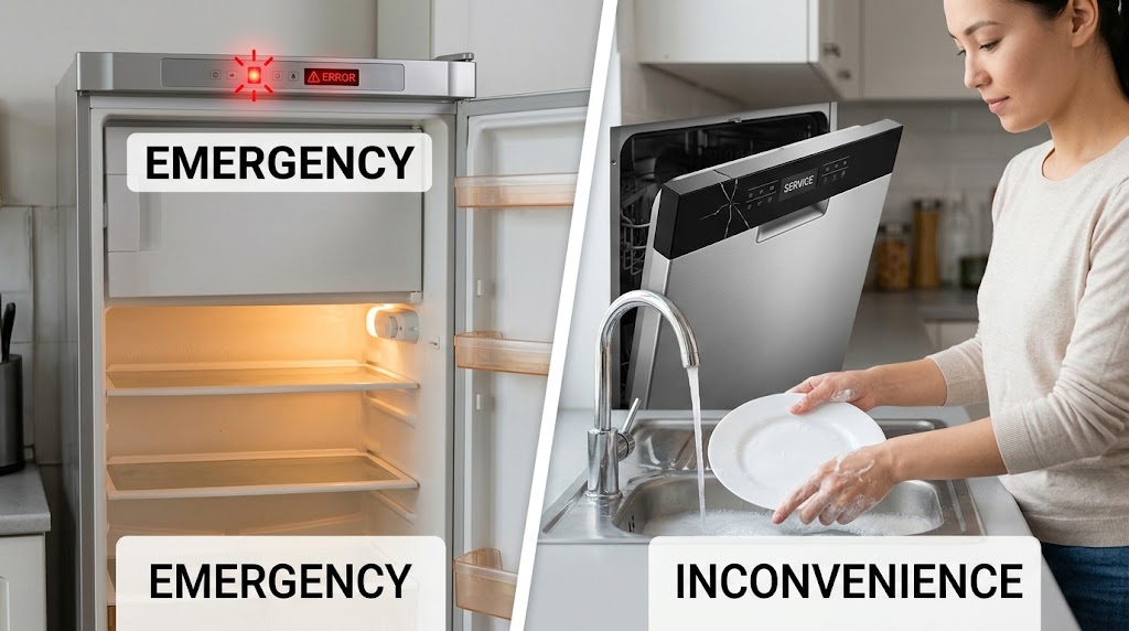 Comparing a broken refrigerator (emergency) to a broken dishwasher (inconvenience)
