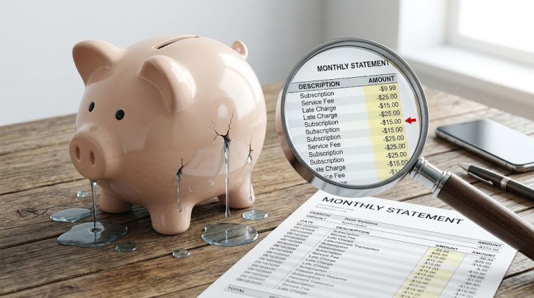 Concept of hidden monthly expenses draining a budget like leaks in a piggy bank